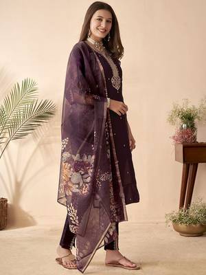 purple sequins embroidery chanderi silk straight kurta pant set with printed dupatta 2