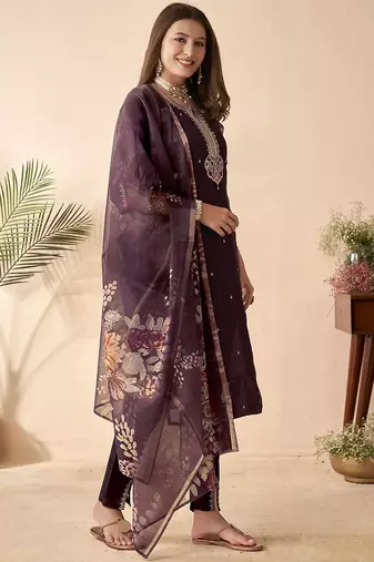 purple sequins embroidery chanderi silk straight kurta pant set with printed dupatta