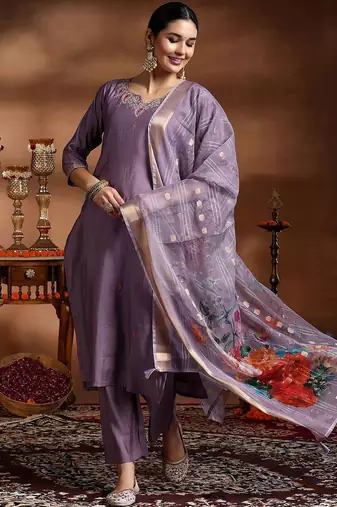 onion purple embroidery viscose straight kurta pant set with printed dupatta
