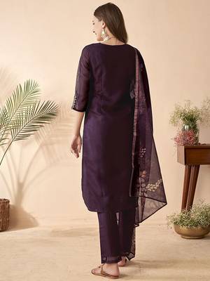 purple sequins embroidery chanderi silk straight kurta pant set with printed dupatta 3