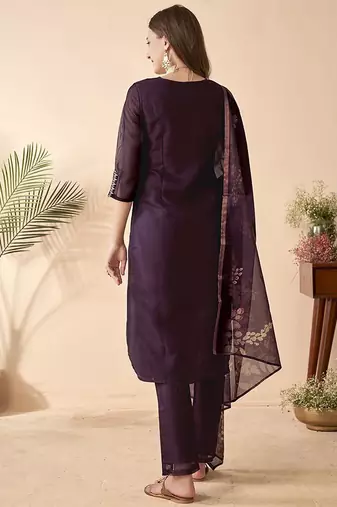 purple sequins embroidery chanderi silk straight kurta pant set with printed dupatta