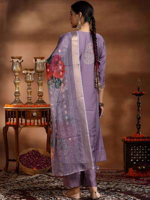 onion purple embroidery viscose straight kurta pant set with printed dupatta 3