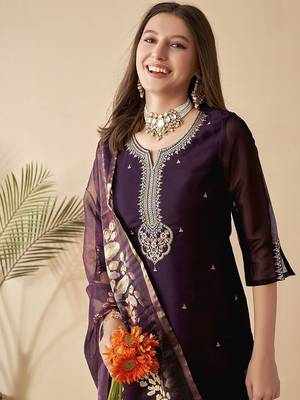 purple sequins embroidery chanderi silk straight kurta pant set with printed dupatta 4