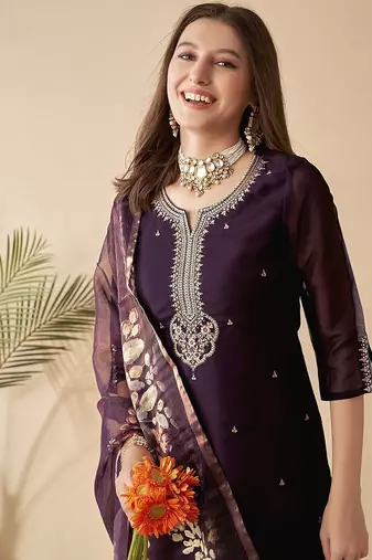 purple sequins embroidery chanderi silk straight kurta pant set with printed dupatta