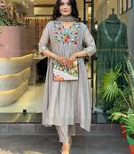 Leafsy women's viscose chinon embroidered grey kurta set with bhagalpuri duppata
