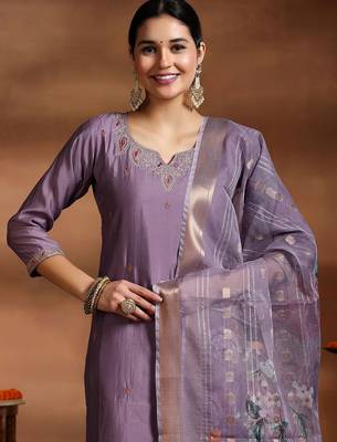 onion purple embroidery viscose straight kurta pant set with printed dupatta 4
