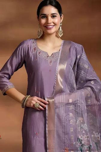 onion purple embroidery viscose straight kurta pant set with printed dupatta