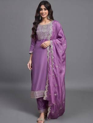 Leafsy purple embroidery chinon straight kurta pant set for women 1