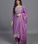 Leafsy purple embroidery chinon straight kurta pant set for women