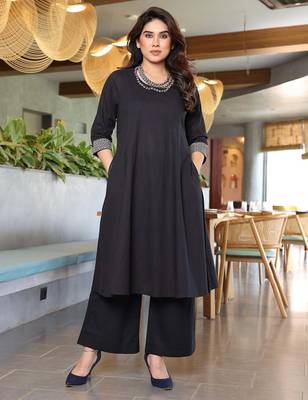 black embroidery viscose fully stiched straight kurta plazzo set for women 1