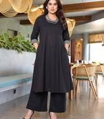 black embroidery viscose fully stiched straight kurta plazzo set for women