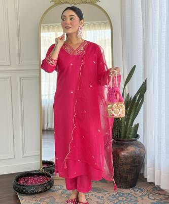 Leafsy pink embroidery chanderi fully stiched straight kurta pant set for women 1