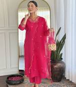Leafsy pink embroidery chanderi fully stiched straight kurta pant set for women