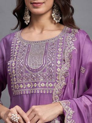 Leafsy purple embroidery chinon straight kurta pant set for women 2