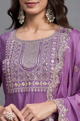 Leafsy purple embroidery chinon straight kurta pant set for women