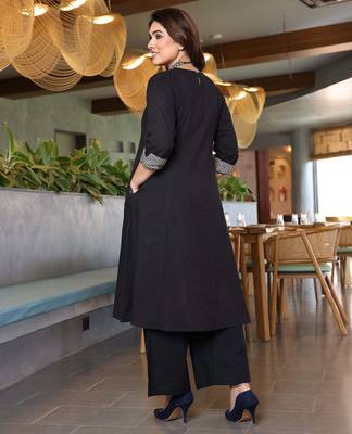 black embroidery viscose fully stiched straight kurta plazzo set for women 2