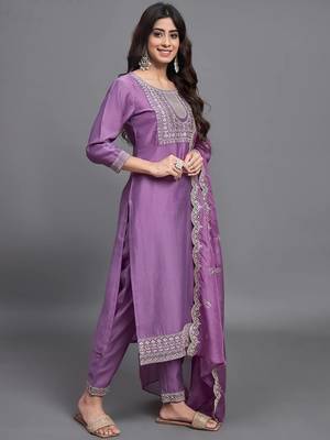 Leafsy purple embroidery chinon straight kurta pant set for women 3
