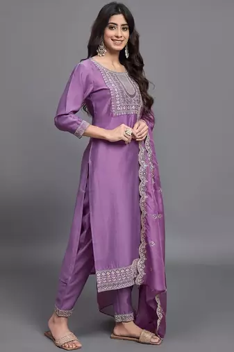 Leafsy purple embroidery chinon straight kurta pant set for women