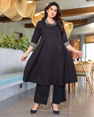 black embroidery viscose fully stiched straight kurta plazzo set for women 3
