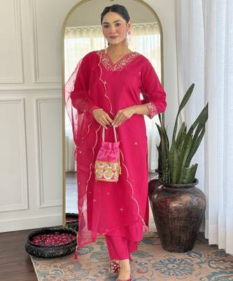 Leafsy pink embroidery chanderi fully stiched straight kurta pant set for women 2