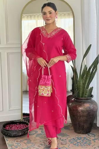 Leafsy pink embroidery chanderi fully stiched straight kurta pant set for women