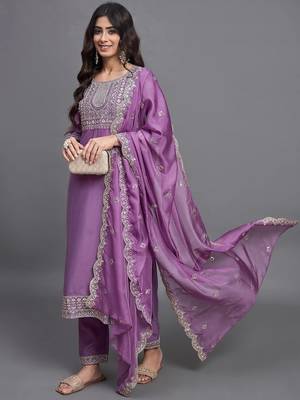 Leafsy purple embroidery chinon straight kurta pant set for women 4