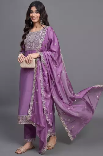 Leafsy purple embroidery chinon straight kurta pant set for women