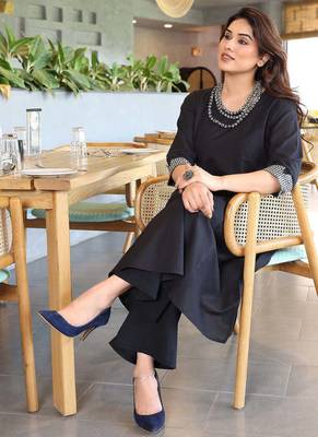 black embroidery viscose fully stiched straight kurta plazzo set for women 4