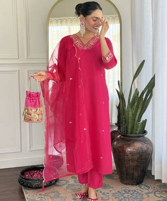 Leafsy pink embroidery chanderi fully stiched straight kurta pant set for women 3
