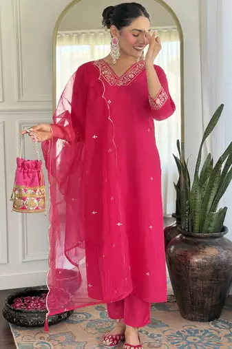 Leafsy pink embroidery chanderi fully stiched straight kurta pant set for women
