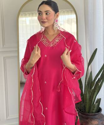 Leafsy pink embroidery chanderi fully stiched straight kurta pant set for women 4