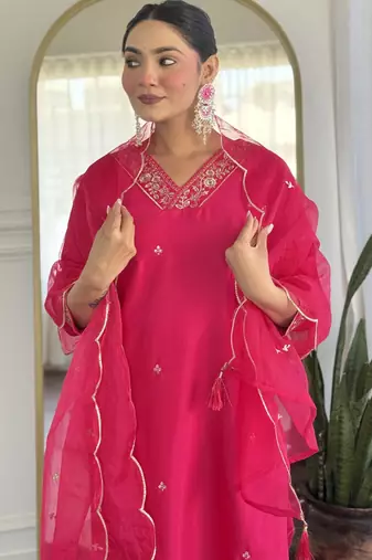 Leafsy pink embroidery chanderi fully stiched straight kurta pant set for women