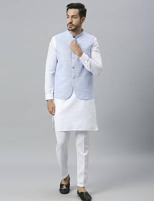 White kurta pyjama with sky blue linen nehru jacket 1