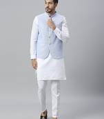 White kurta pyjama with sky blue linen nehru jacket