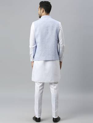 White kurta pyjama with sky blue linen nehru jacket 2