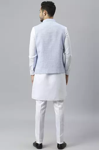 White kurta pyjama with sky blue linen nehru jacket