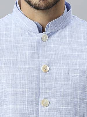 White kurta pyjama with sky blue linen nehru jacket 3