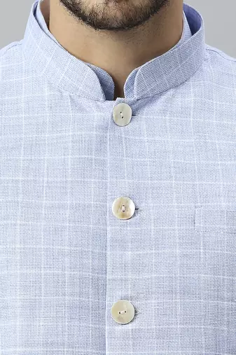 White kurta pyjama with sky blue linen nehru jacket