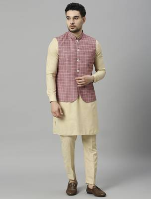 Khaki kurta pyjama with pink linen nehru jacket 1