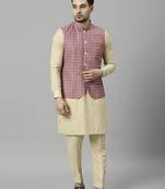 Khaki kurta pyjama with pink linen nehru jacket