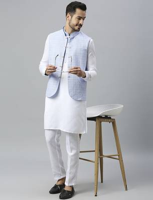 White kurta pyjama with sky blue linen nehru jacket 4