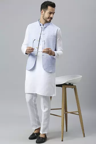 White kurta pyjama with sky blue linen nehru jacket