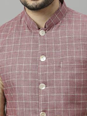 Khaki kurta pyjama with pink linen nehru jacket 2