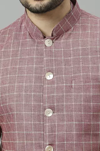 Khaki kurta pyjama with pink linen nehru jacket