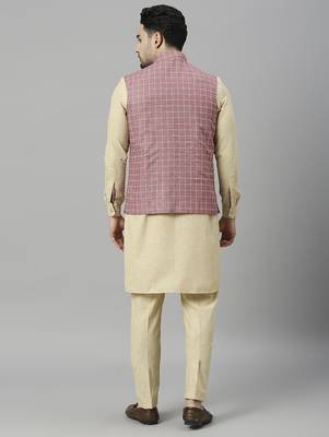 Khaki kurta pyjama with pink linen nehru jacket 3