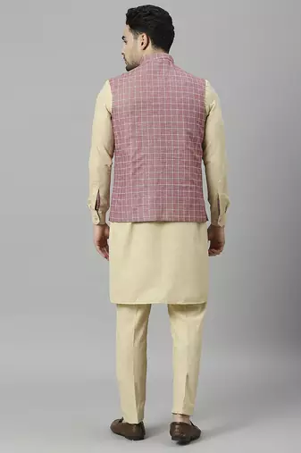 Khaki kurta pyjama with pink linen nehru jacket