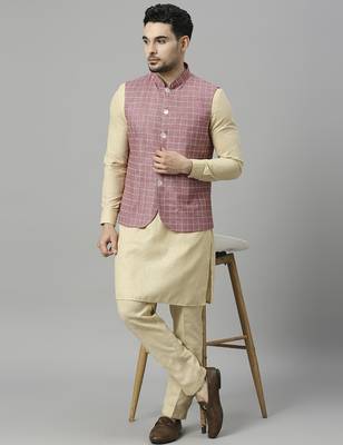 Khaki kurta pyjama with pink linen nehru jacket 4