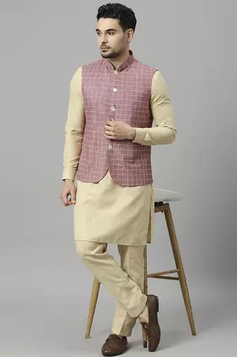 Khaki kurta pyjama with pink linen nehru jacket