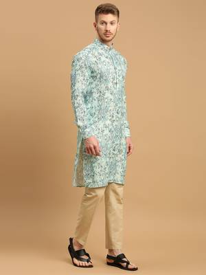 Sea green kurta with ethnic motif prints and gold thread work 1