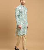 Sea green kurta with ethnic motif prints and gold thread work